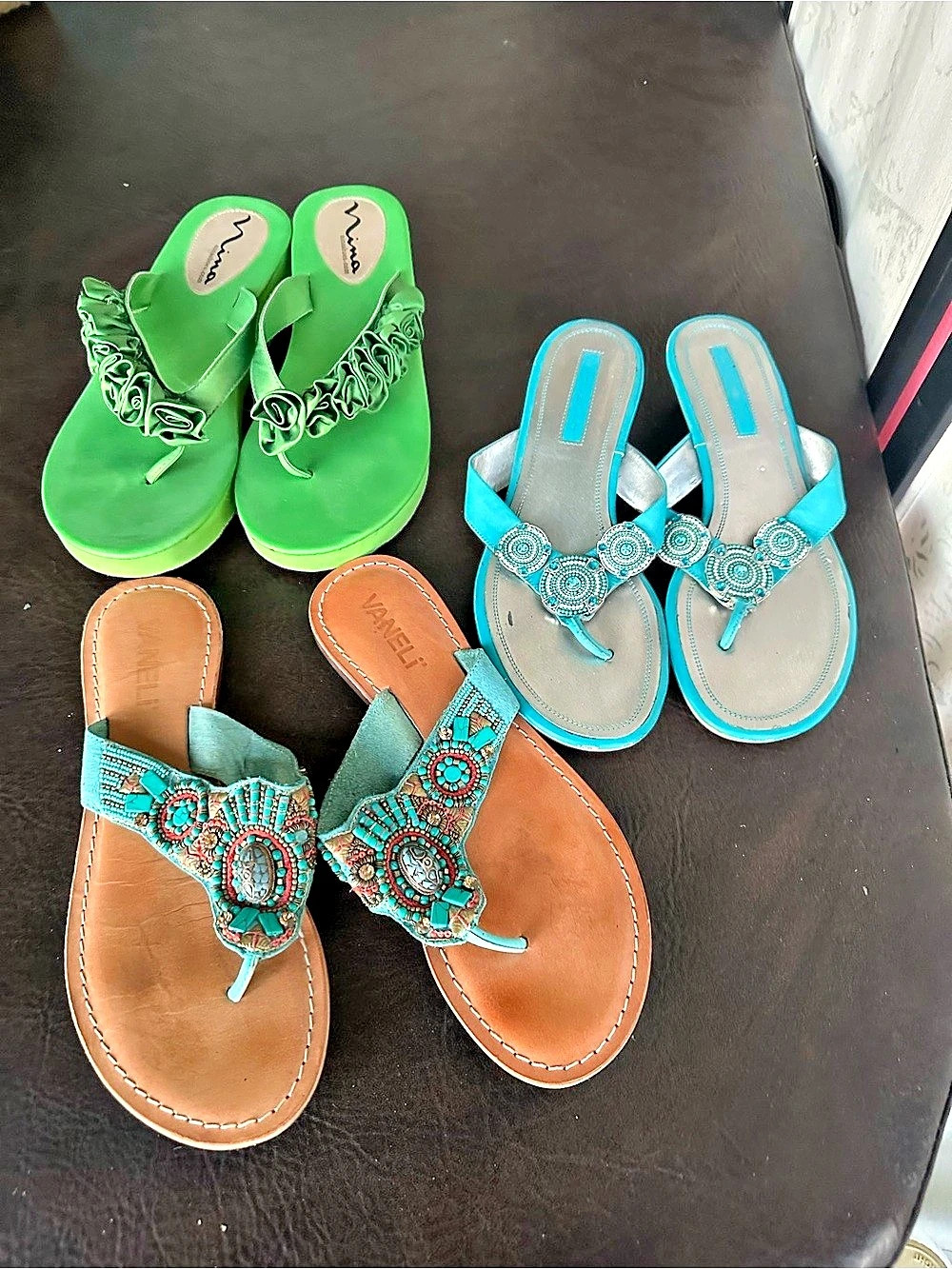 3 Designer Brands Women's Embellished Sandals Set Green & Turquoise